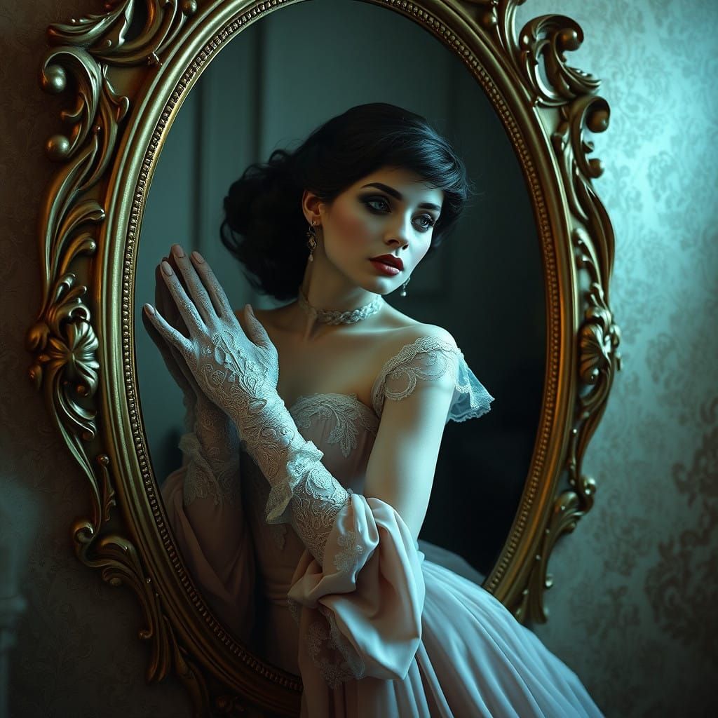 Woman Emerges from a Gilded Mirror in Whimsical, Dreamlike S...