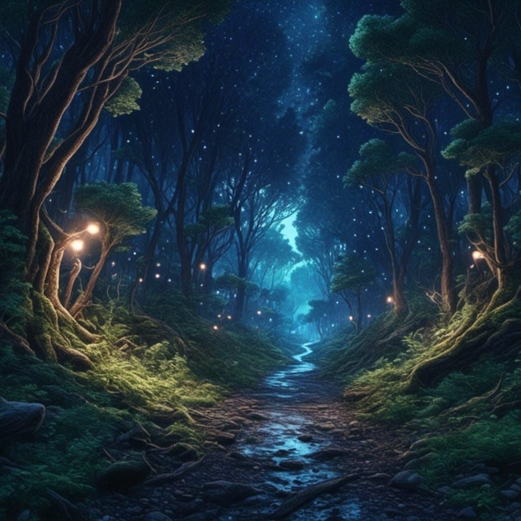Road Through Blue Forest at Night, Comic Book Style
