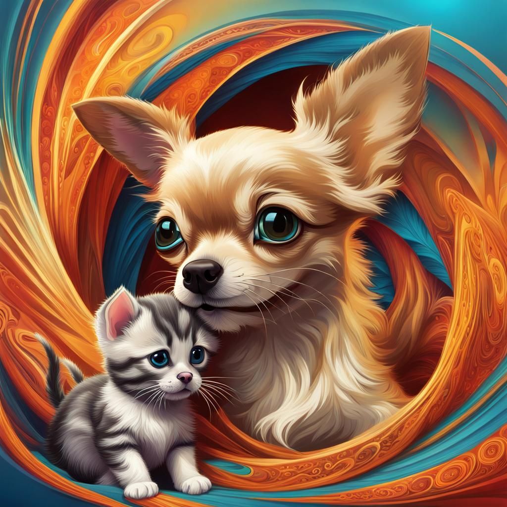 Chihuahua and Kitten Playtime in Vorticism Style