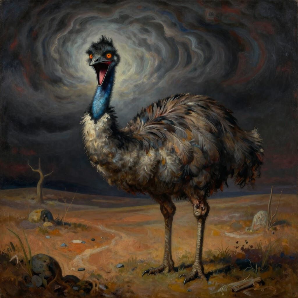 Surreal Hybrid Creature in Desolate Landscape Oil Painting