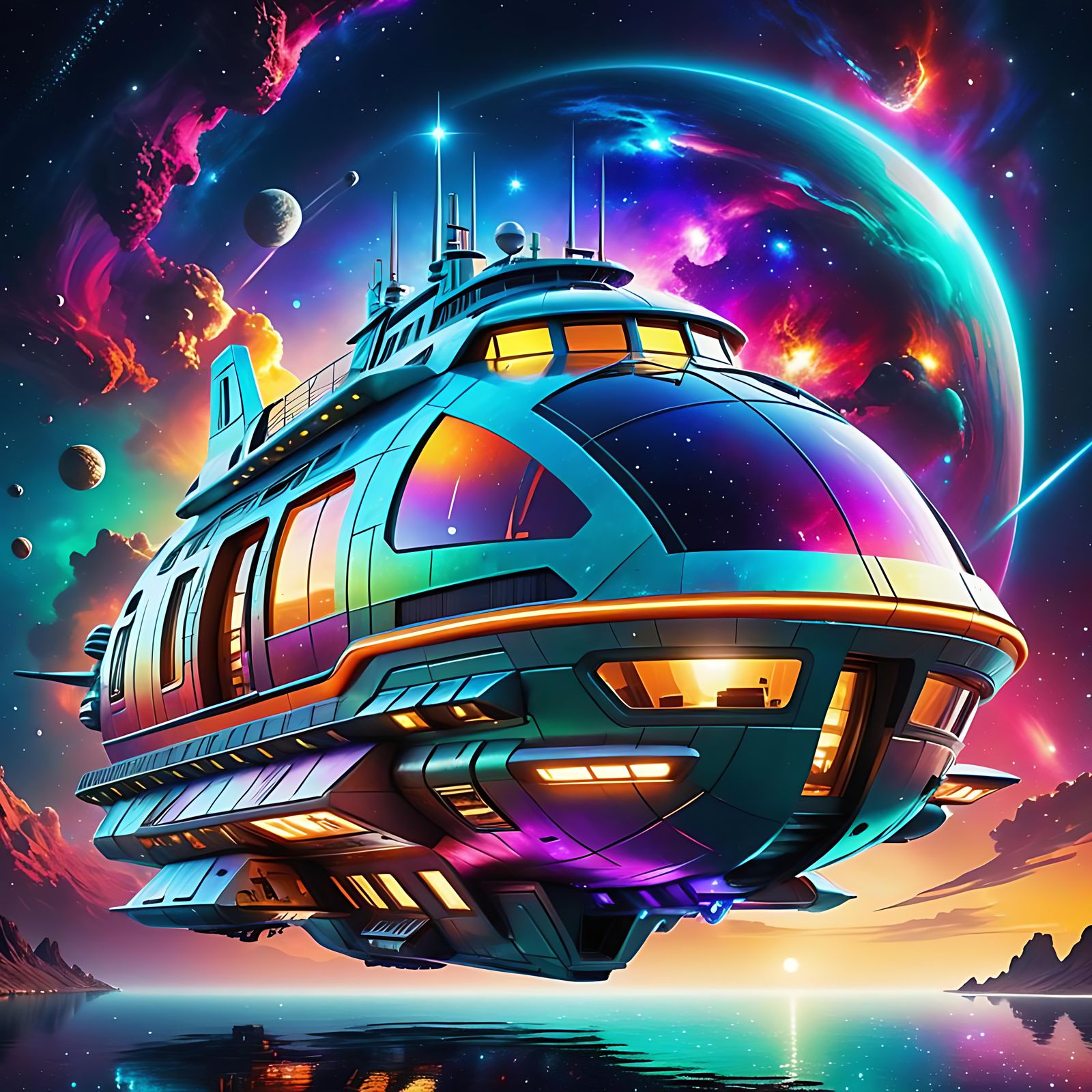 Futuristic Houseboat Spaceship in Vibrant Galaxy