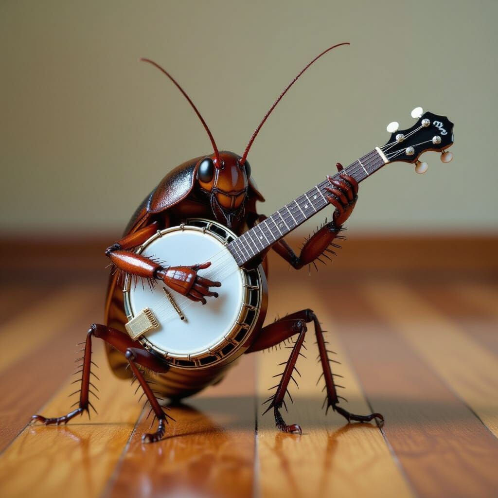 Anthropomorphic Cockroach Plays Banjo on Wooden Floor