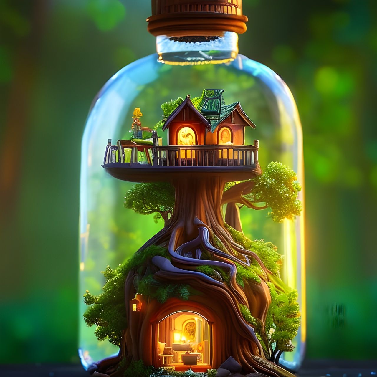 Miniature Treehouse in Glass Bottle, Tilt-Shift Photo