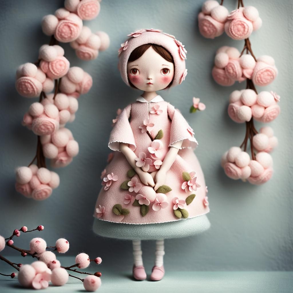 Cherry Blossom Fabric Doll Portrait in Digital Art