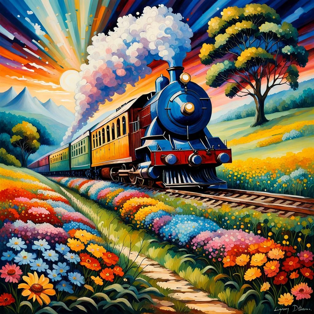 Magical Train Through Flowered Fields: Maximalist Folk Art