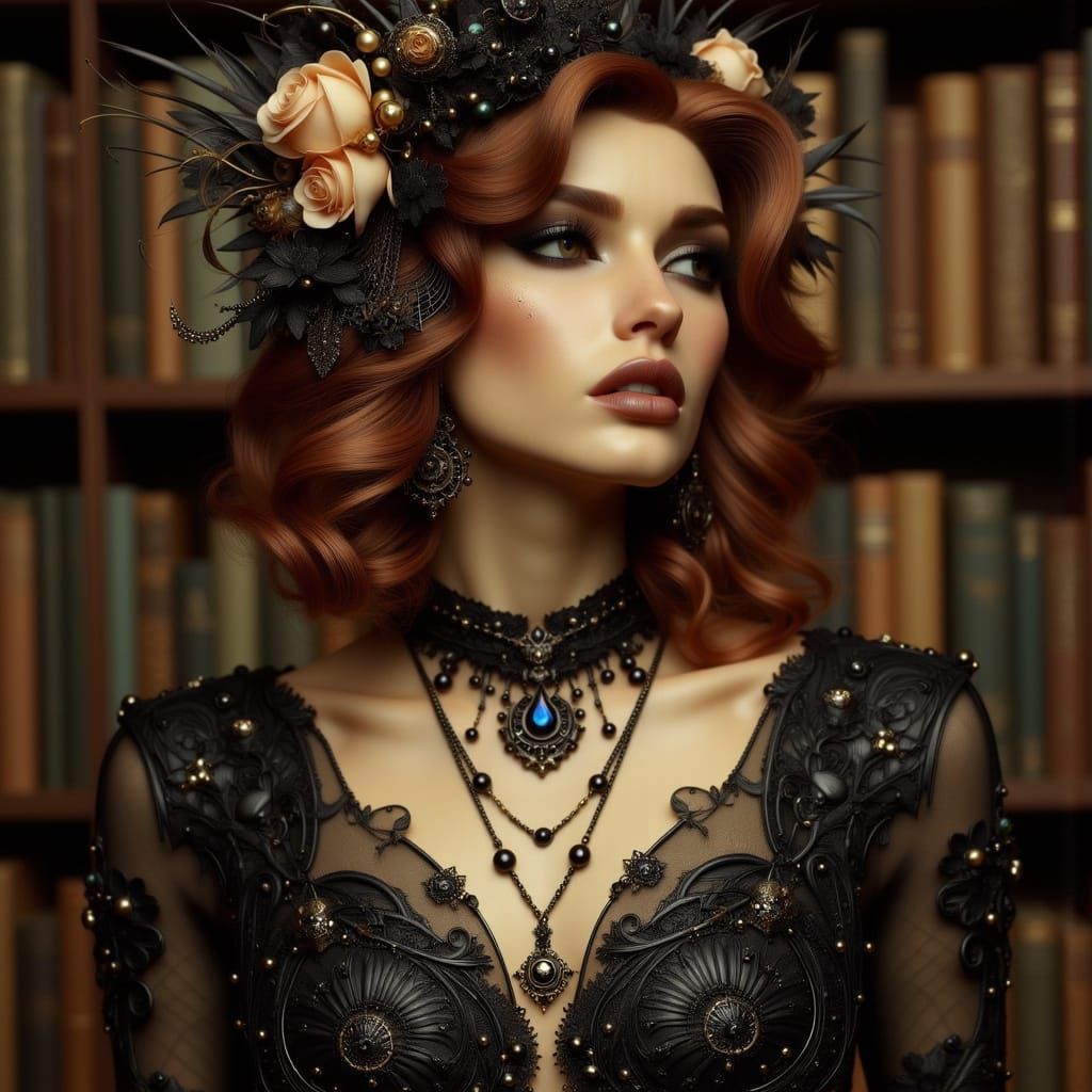 A Library Muse in Art Nouveau Punk Style
