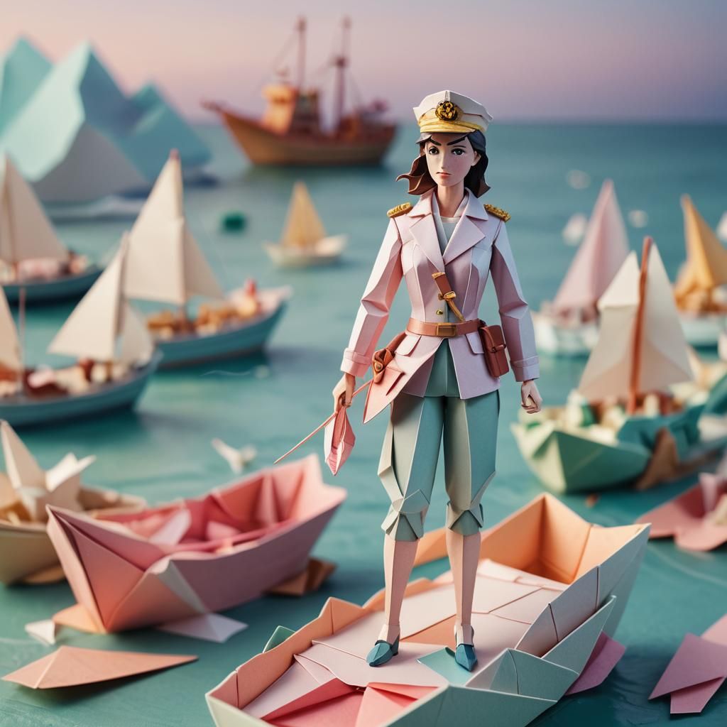 Origami Captain on Paper Boat in Soft Focus