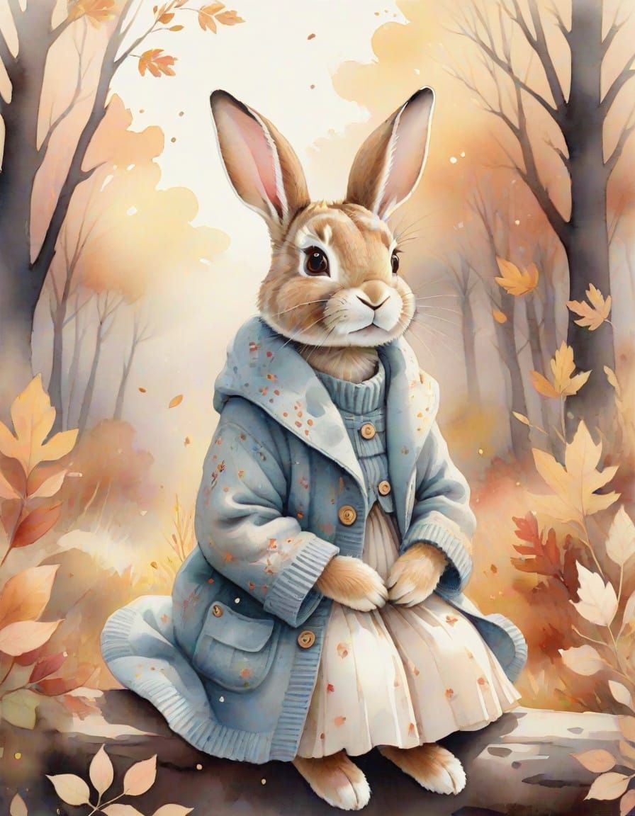 Ethereal Watercolor Rabbit in Autumn Wonderland