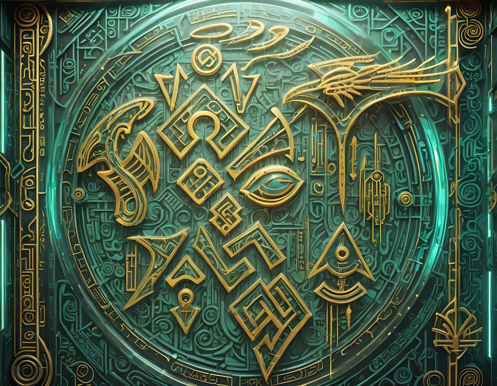 Angelic Hieroglyphs on Cyberpunk Glass Wall