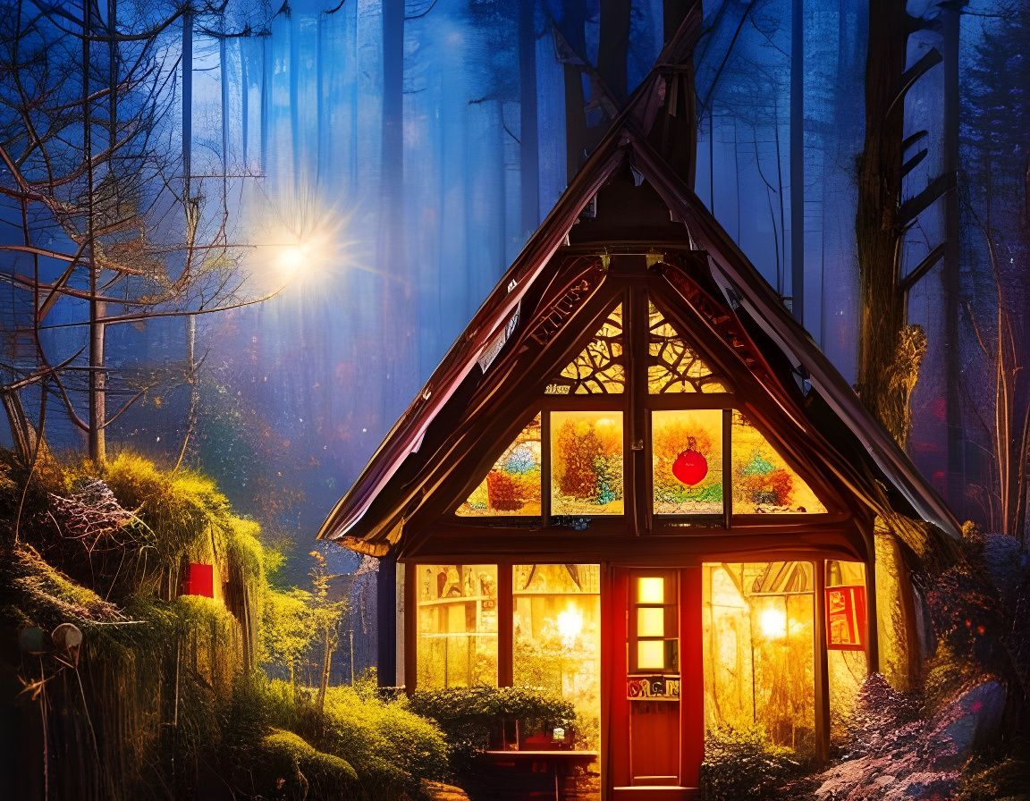 Charming Witch's Hut in Forest, Detailed Painting