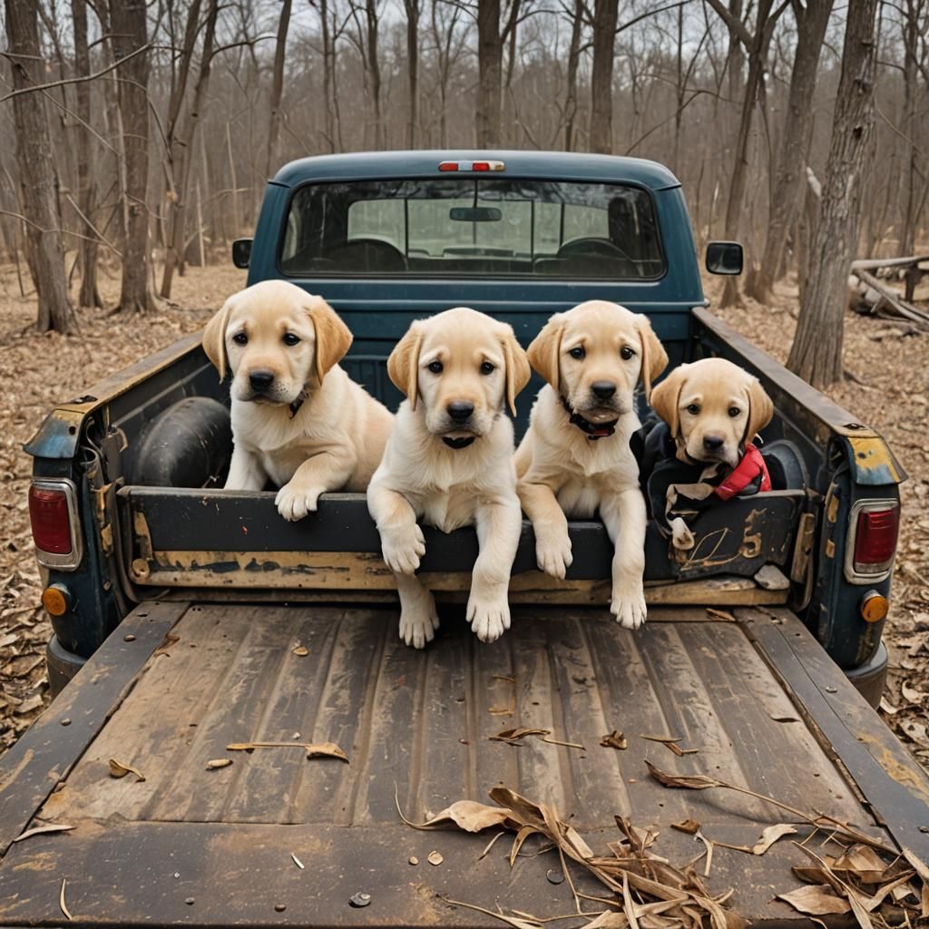 Yellow Lab Puppies in Steelers Truck Bed