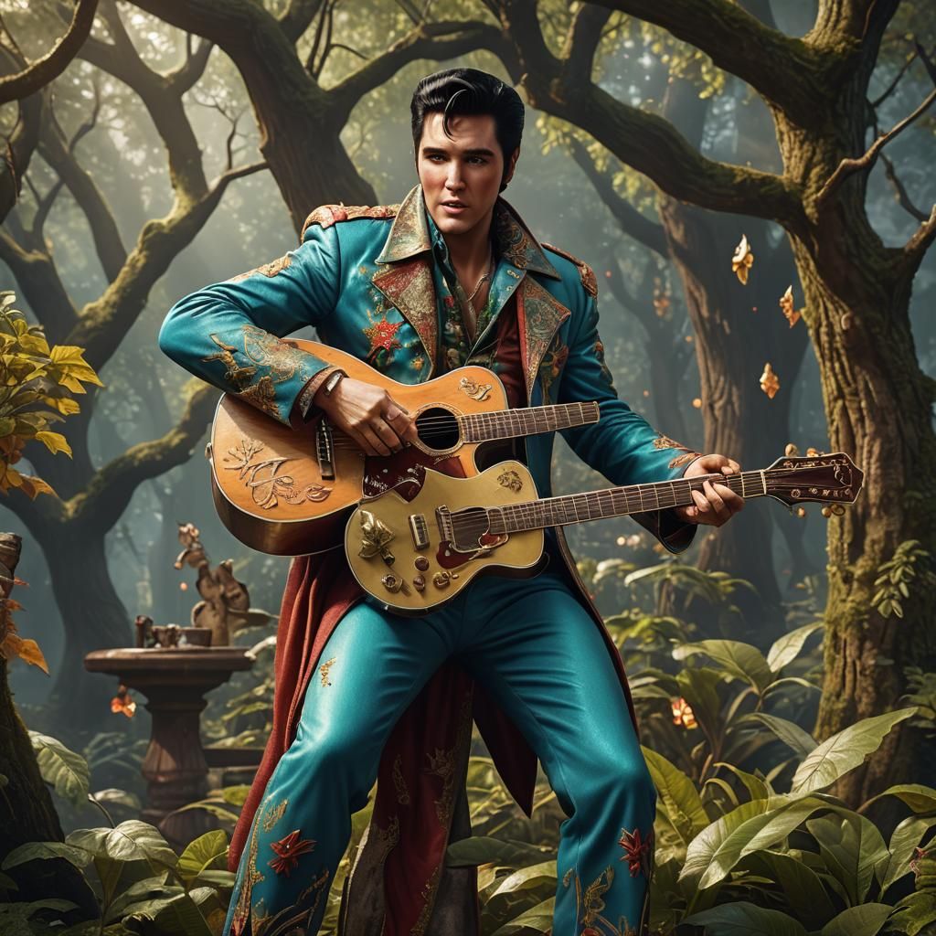 Elvis as Elf with Guitar: Detailed Matte Painting