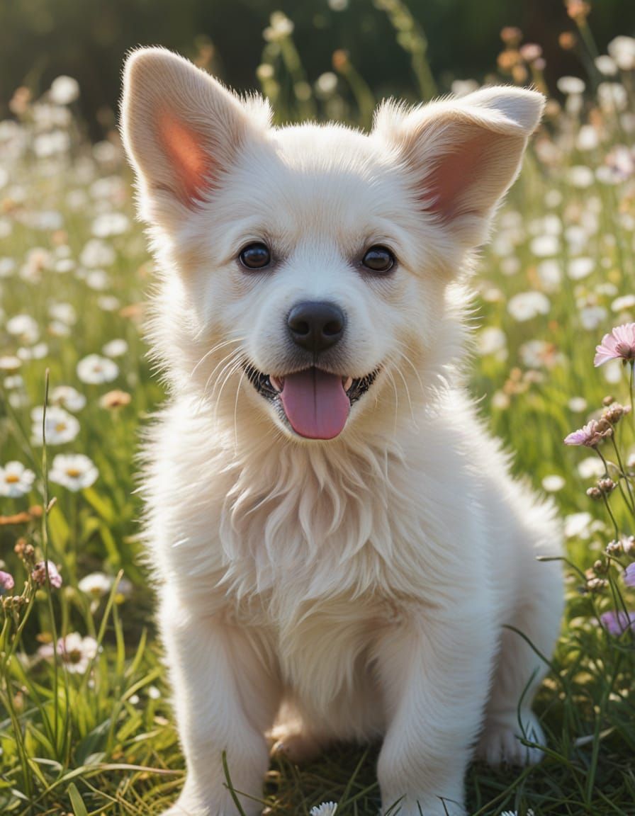 Cur Puppy Plays in Floral Spring Meadow: Digital Art