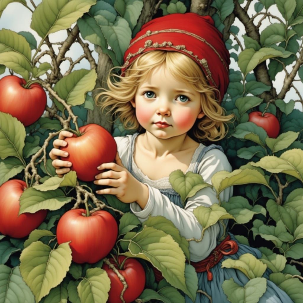 Whimsical Flower Elf in a Vibrant Apple Tree Scene