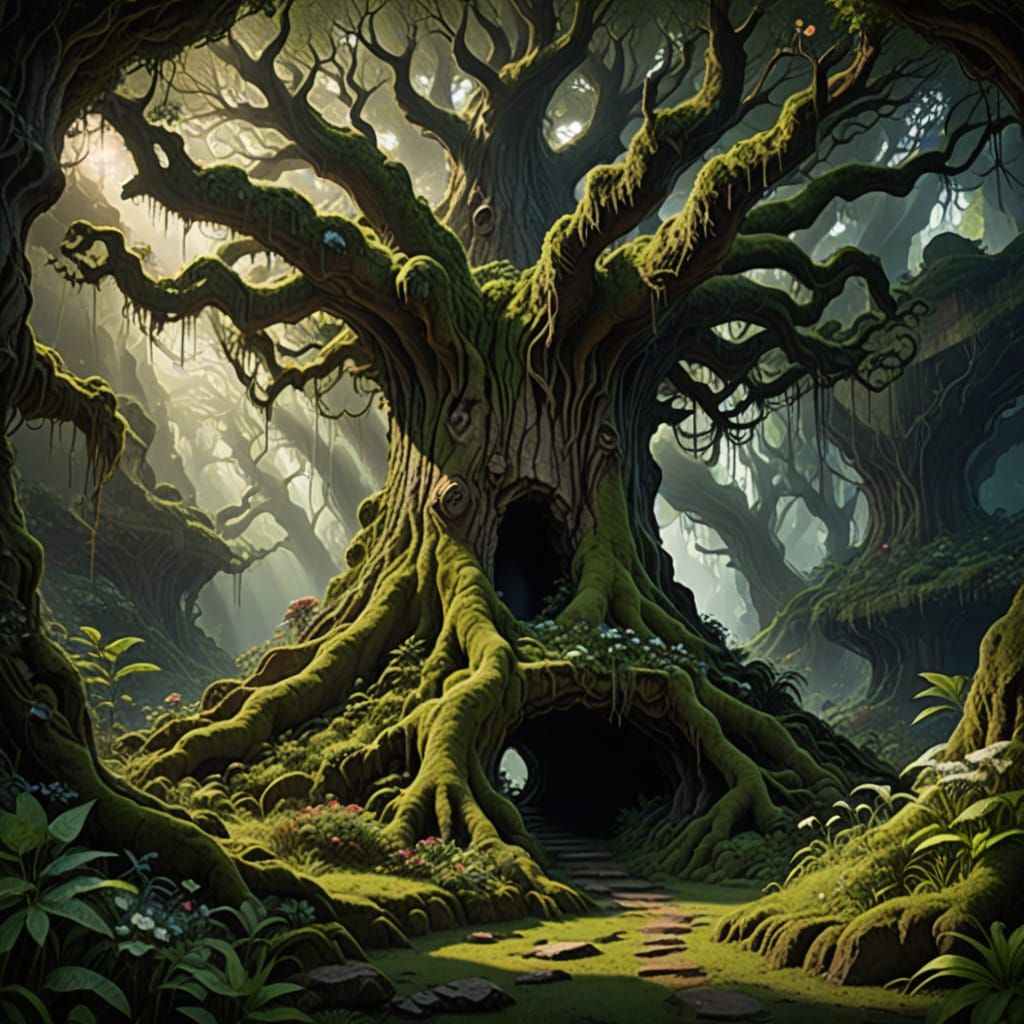 Ethereal Roots of a Giant Tree in a Dark Cave