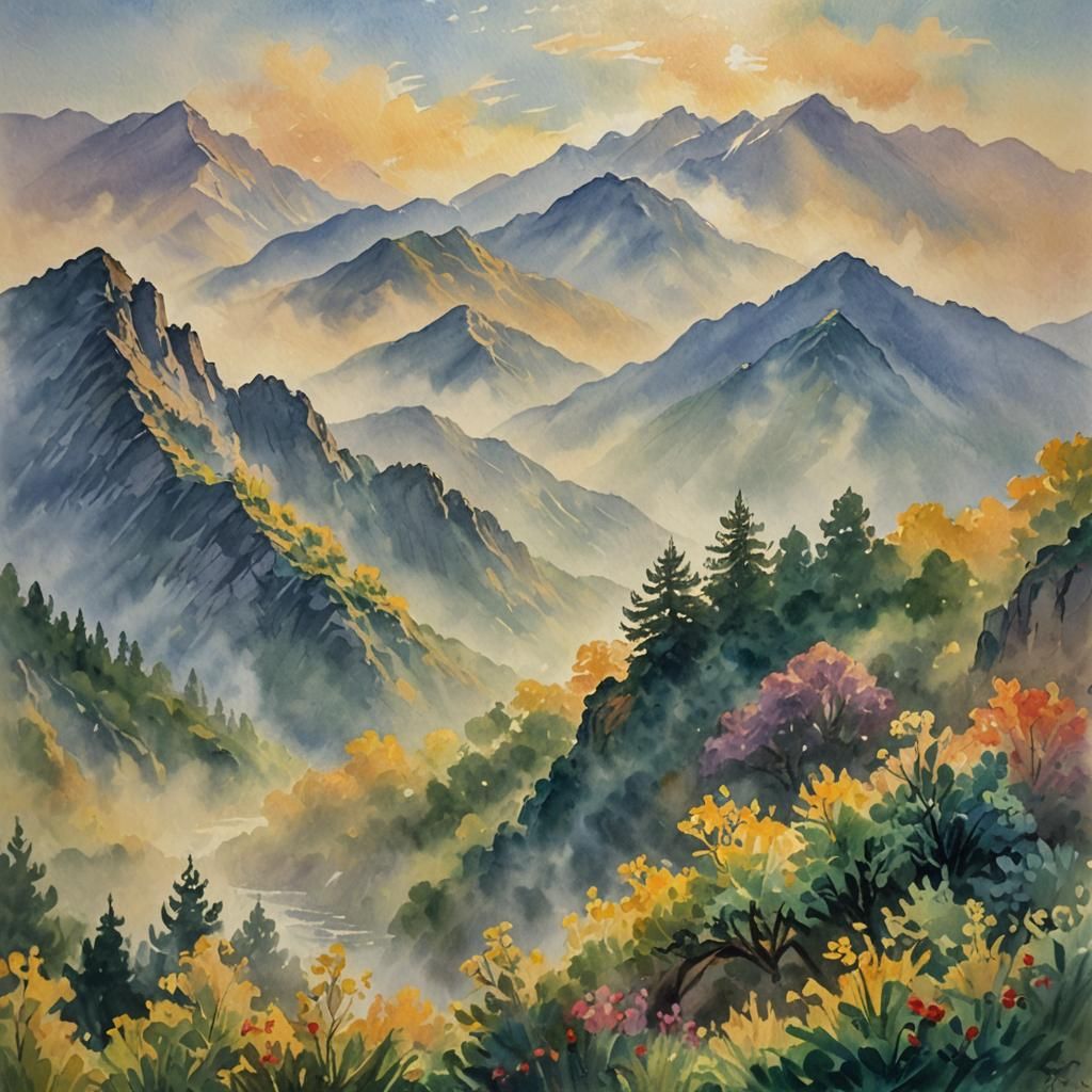 Mountains in Morning Mist: An Impasto Gouache Painting