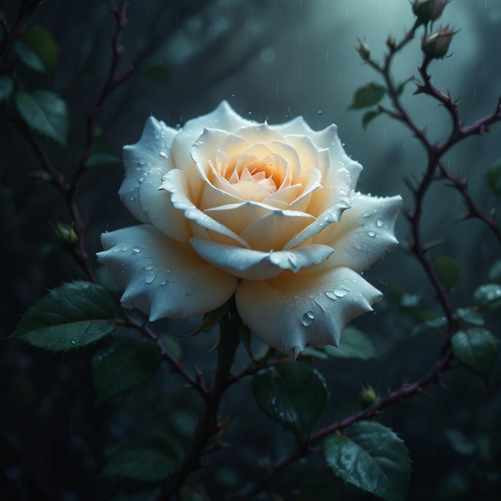 White Rose Blooms Among Thorns in Dark Fantasy