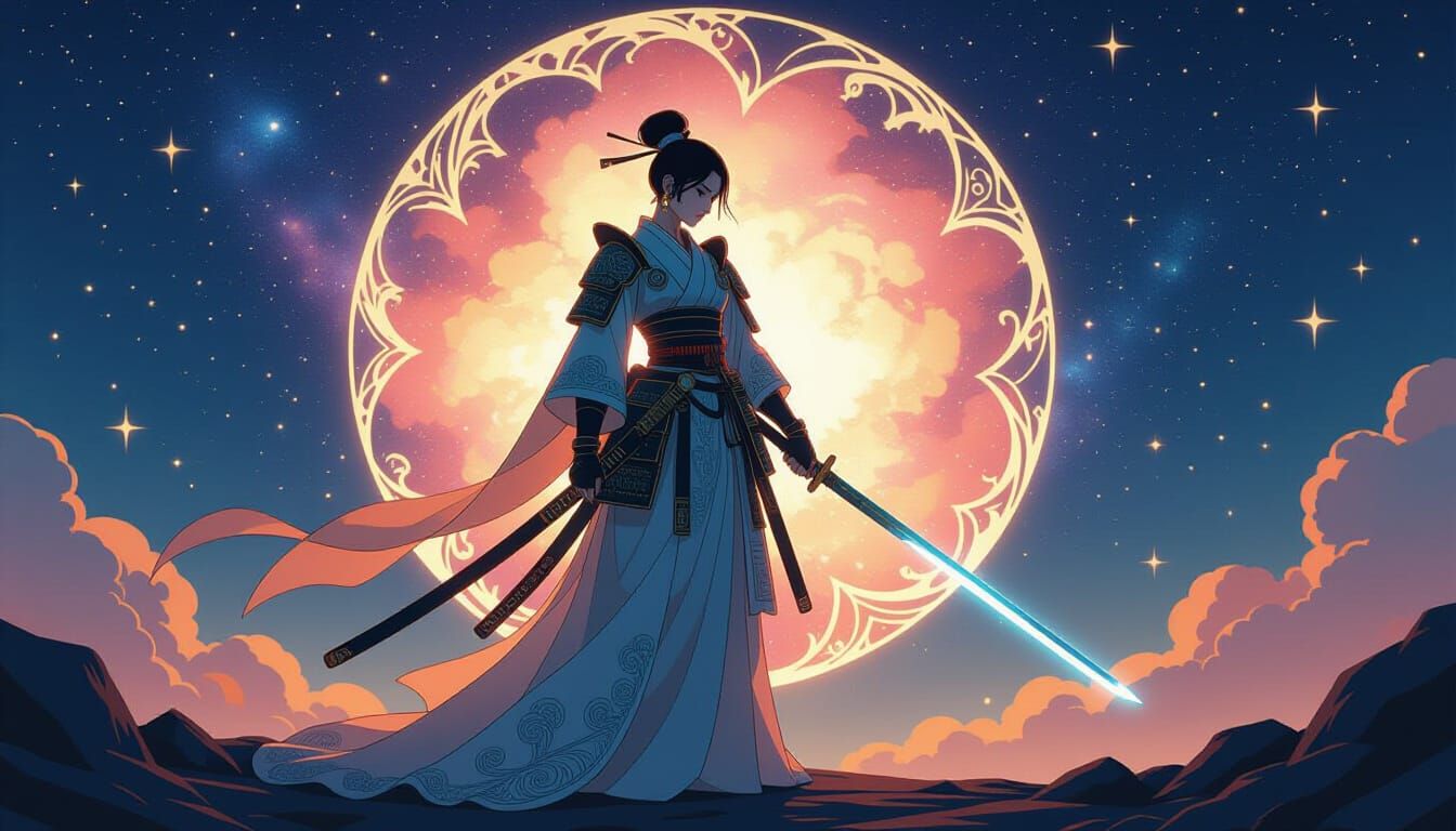 Celestial Samurai at Galaxy's Edge in Art Nouveau Style