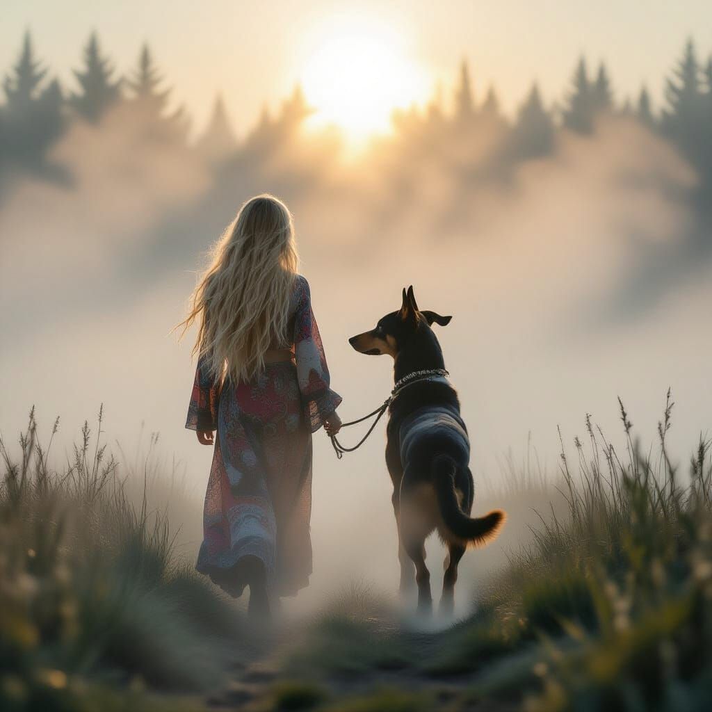 Hippie Girl & Doberman in Foggy Dreamscape