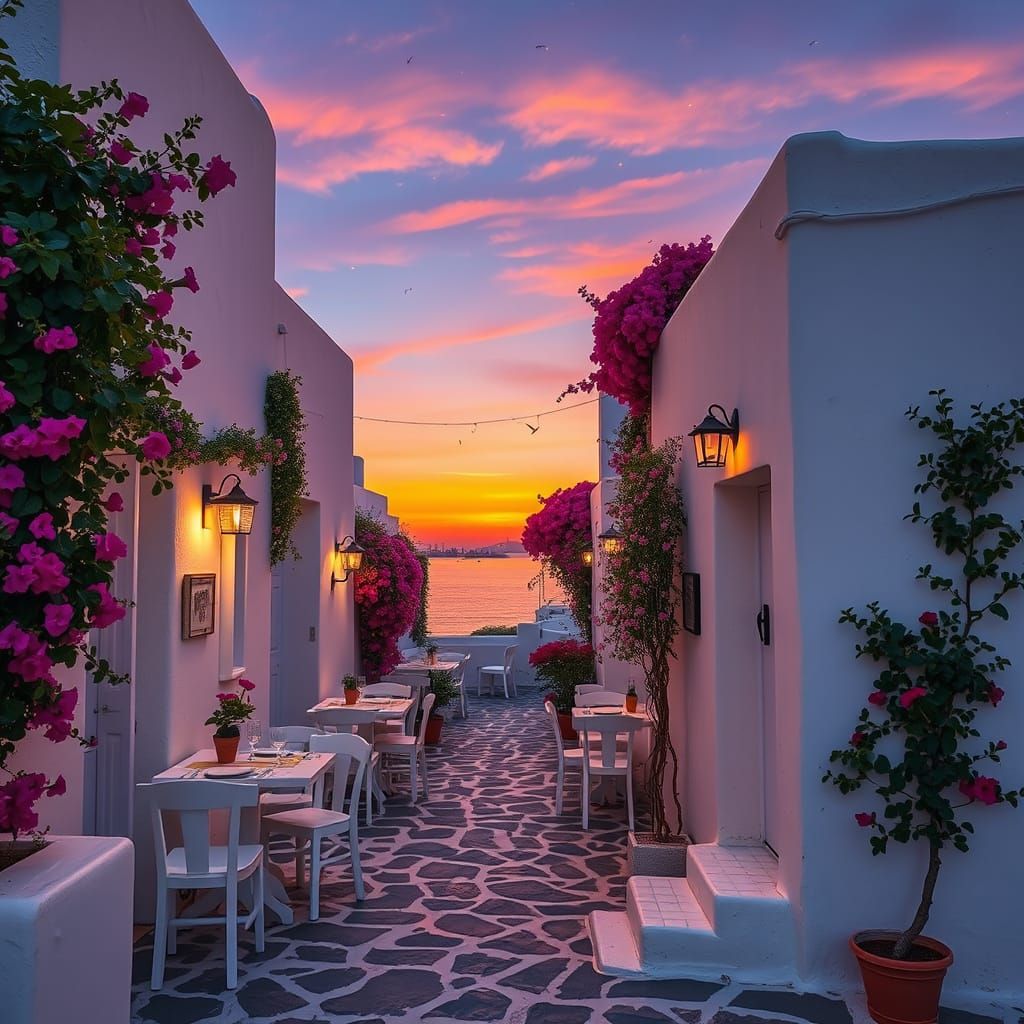 Surreal Greek Taverna Basks in Sunset Glory