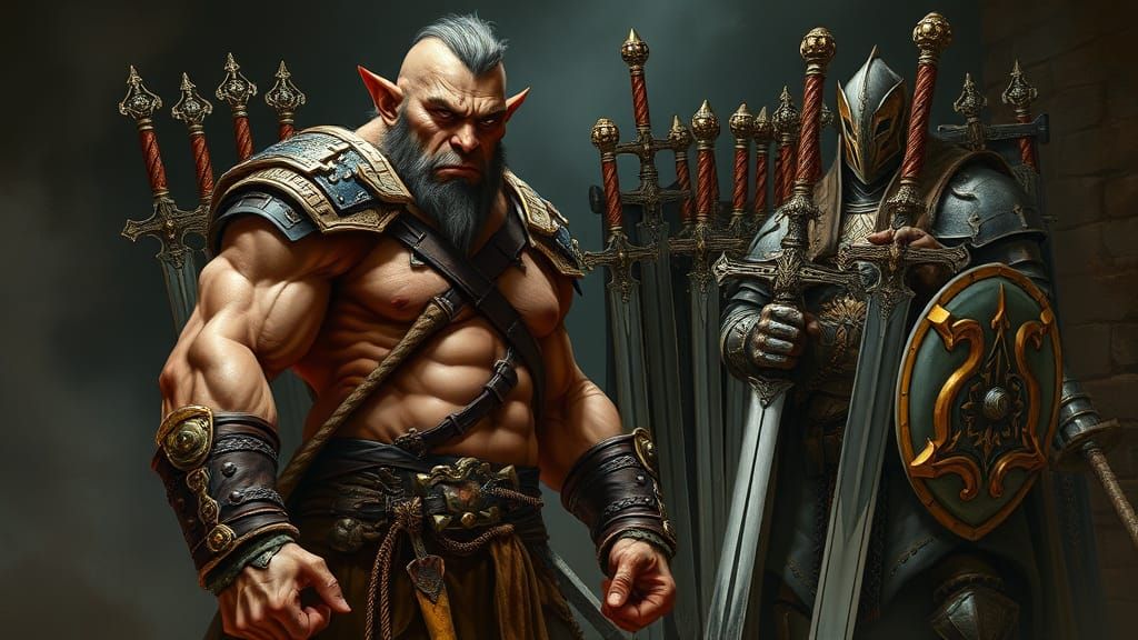 Muscular Orc Fighter Reveals His Physique with Gleaming Swor...