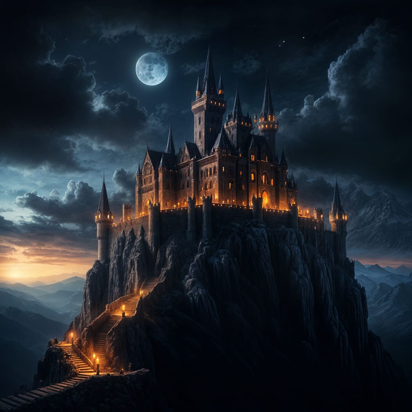 Dark Mountain Castle with Candles, Fantasy Art