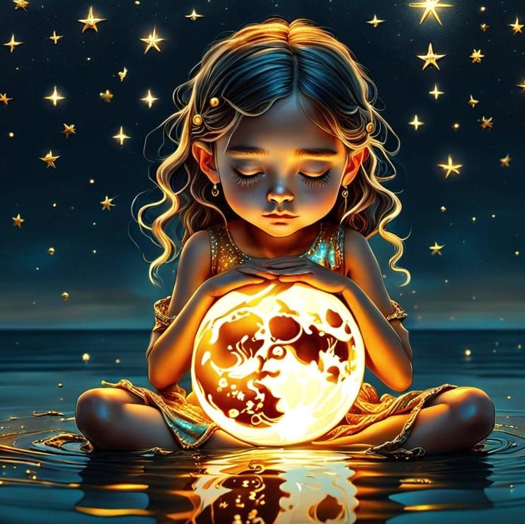 Luminescent Girl with Moon in Tiepolo Style