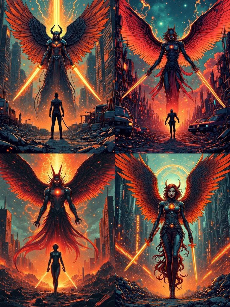 <lora:Comica:1.0> Create two comic book pages in a graphic novel style. Depict a high-intensity battle scene set in a cr...