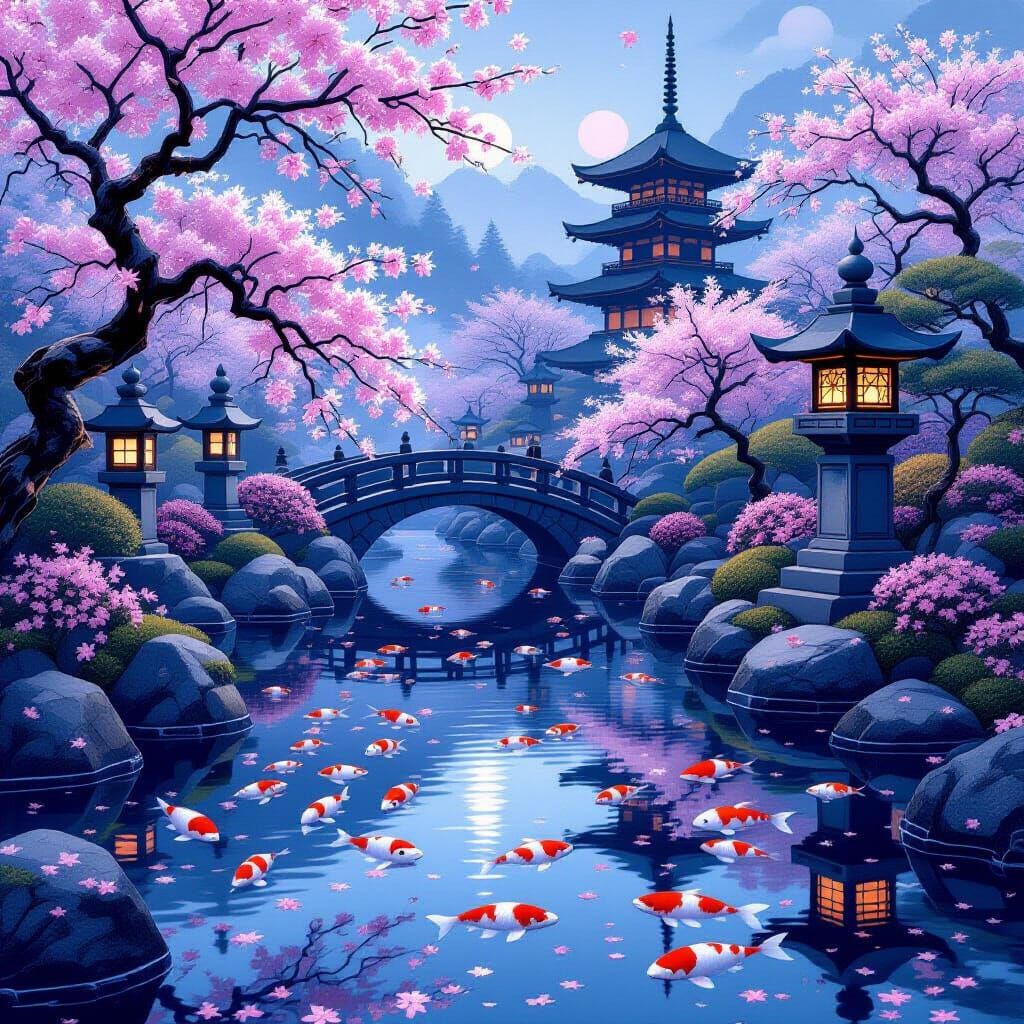 Serene Japanese Garden at Twilight in Ukiyo-e Style