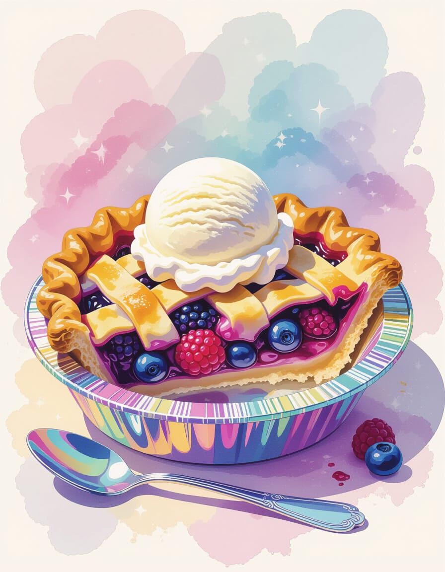 Whimsical Berry Pie and Ice Cream Watercolor Art