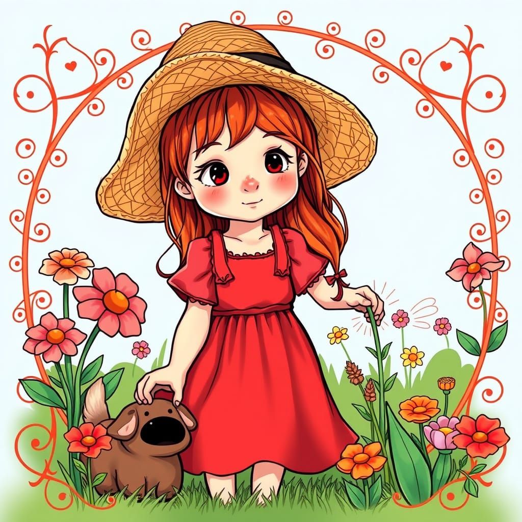 Red-Haired Girl Watering Flowers in Whimsical Garden