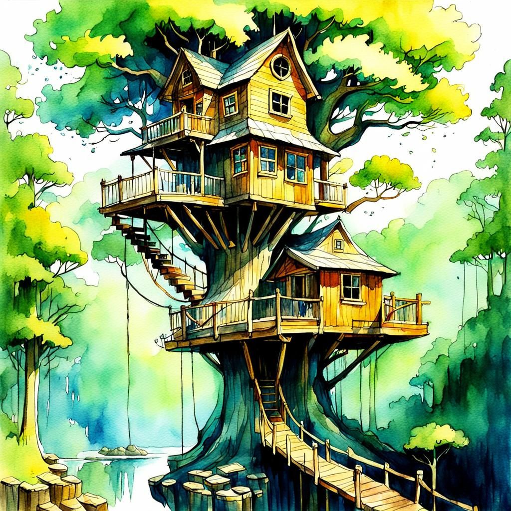 Fantastic Unusual Treehouse Watercolor Sketch Illustration