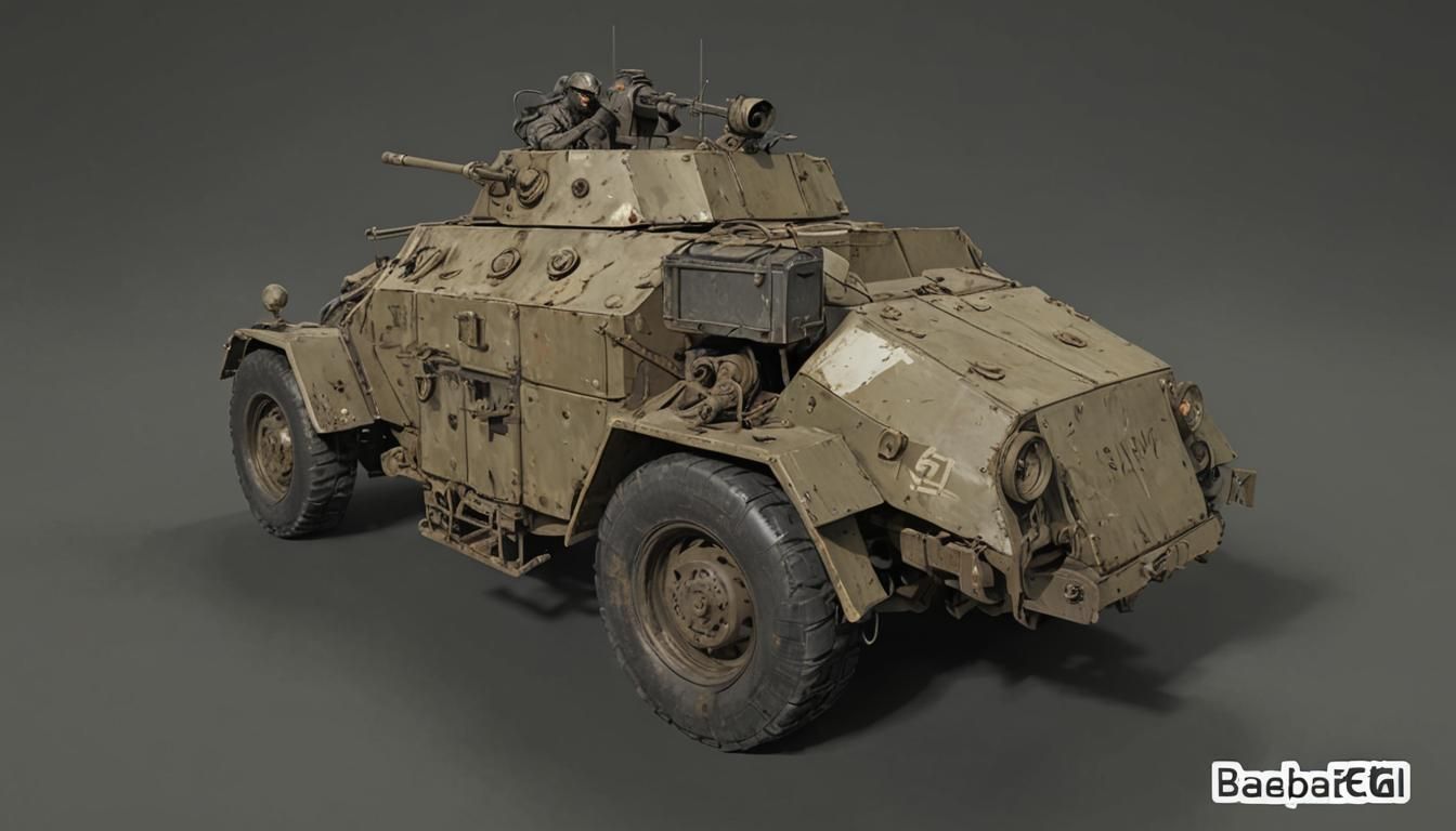 Feline Warrior Attacks Armored Car in Dystopian Landscape