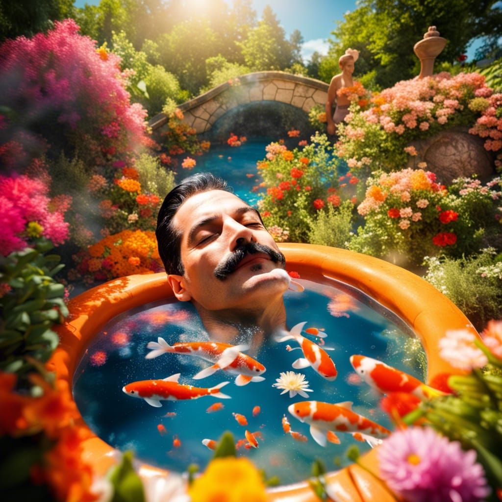 Freddie Mercury in a Magical Garden Jacuzzi