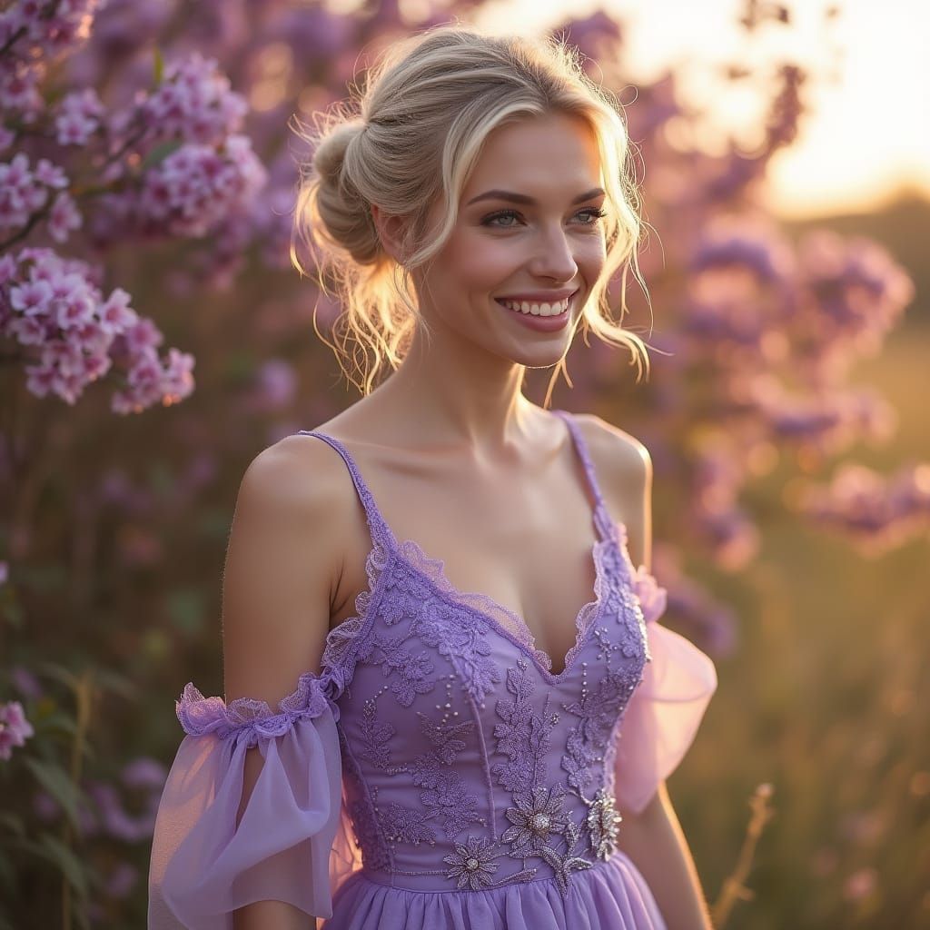 Serene Blonde Woman in Flowing Violet Dress on Floral Path