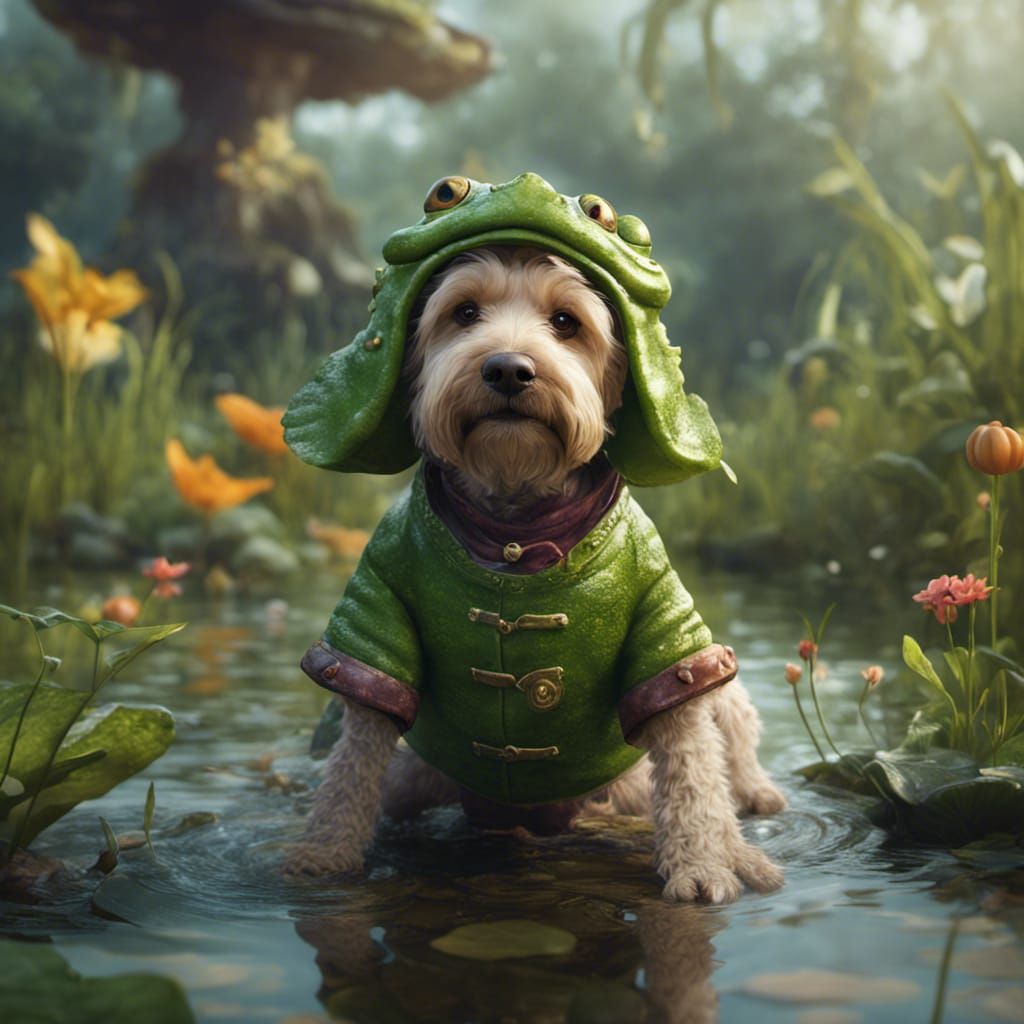 Labradoodle Puppy Dressed as Frog in Pond