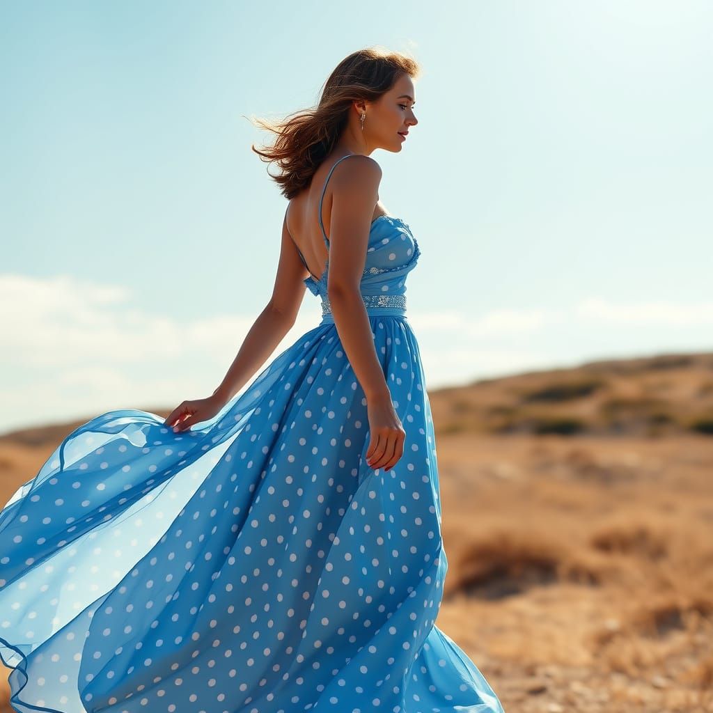Elegant Woman in Blue Satin Dress Against Light Blue Sky