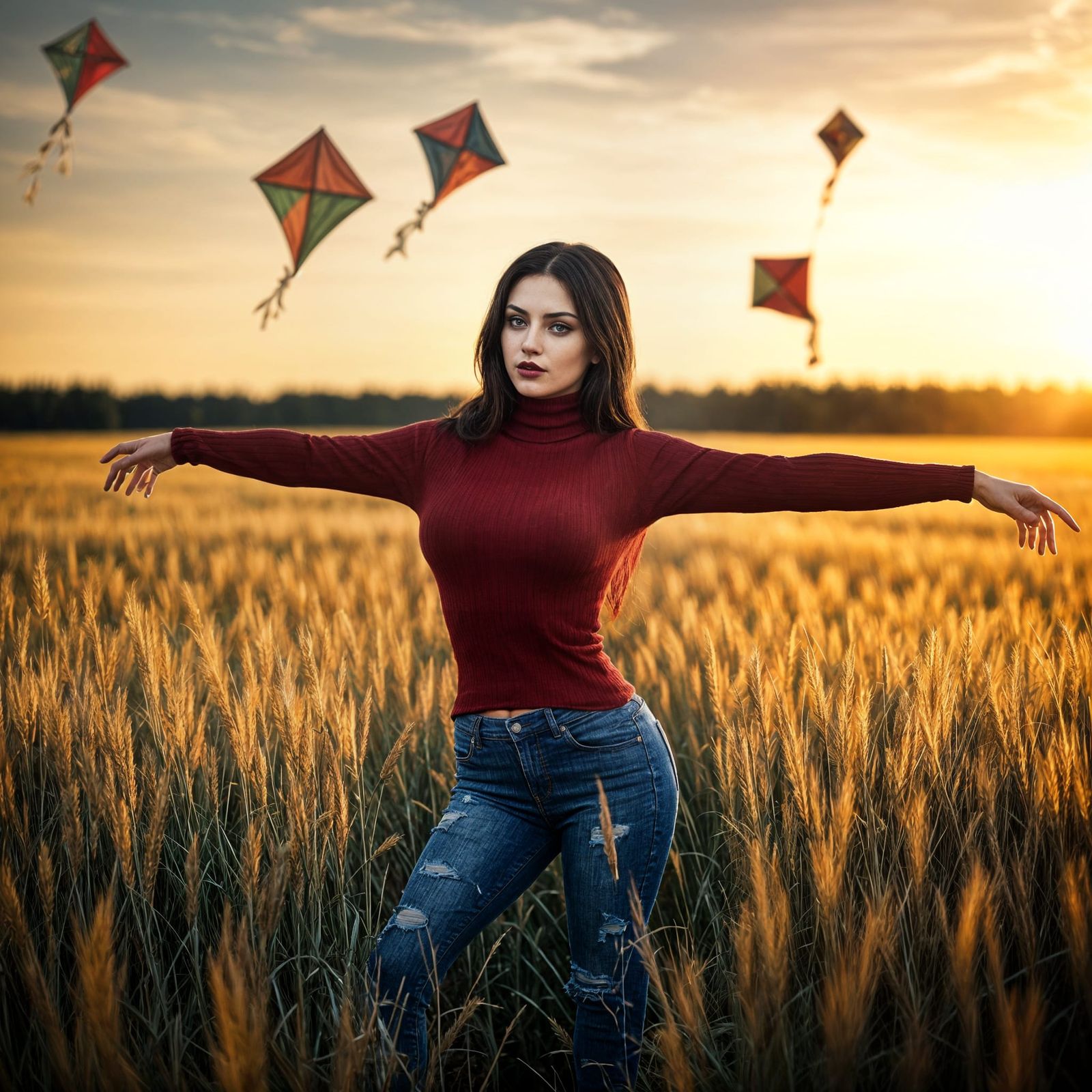 Goth Woman with Kites in Wheat Field
