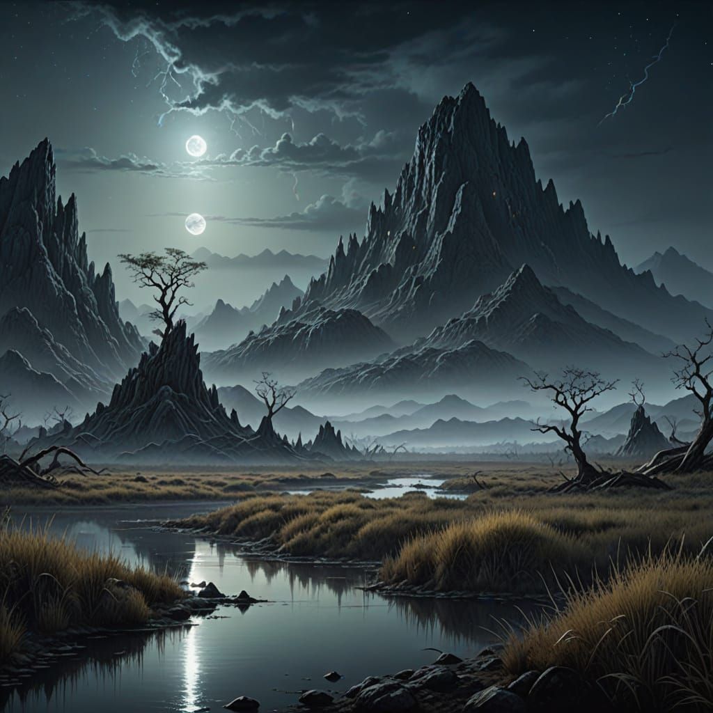 Eerie Marsh Landscape at Night in Digital Art Style
