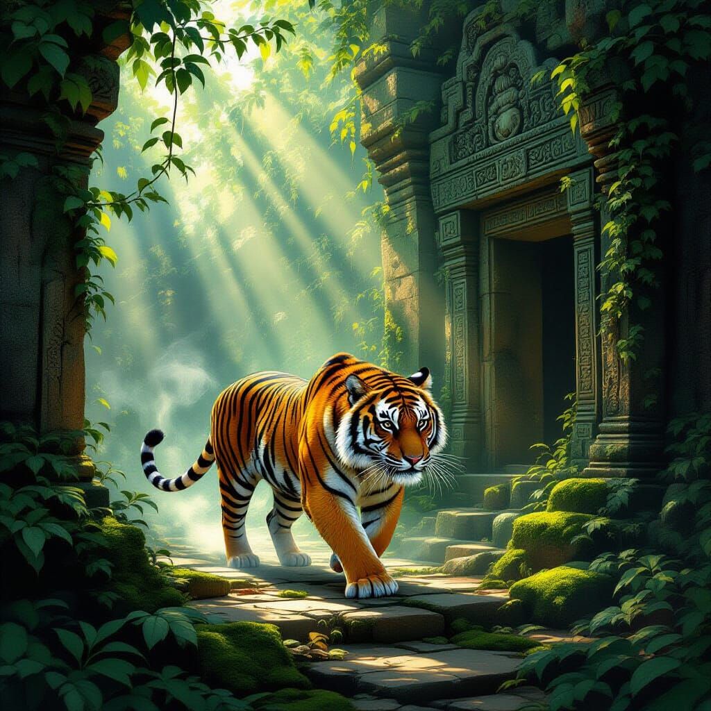 Tiger Waltzing Through Ancient Jungle Temple Ruins