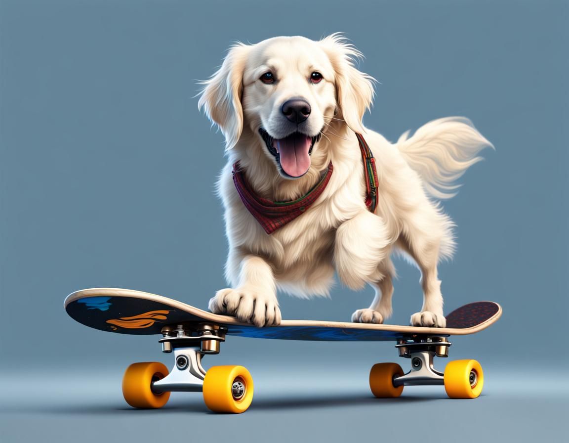 white golden retriever riding a skateboard.