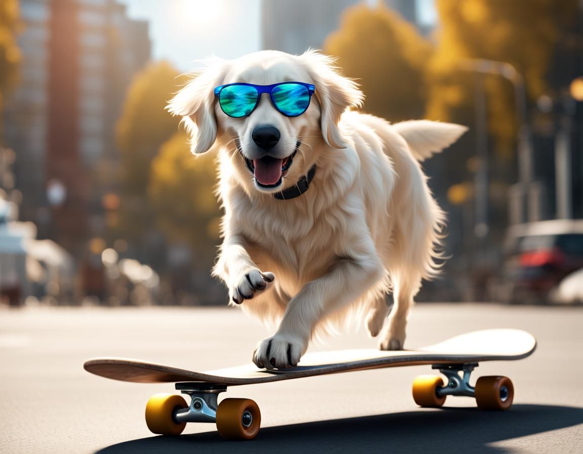 white golden retriever riding a skateboard.