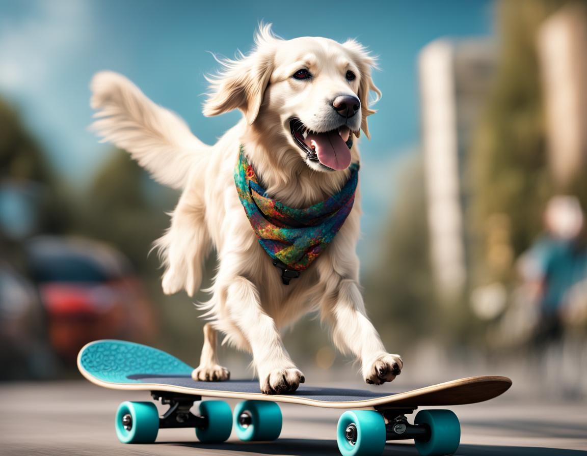 white golden retriever riding a skateboard.