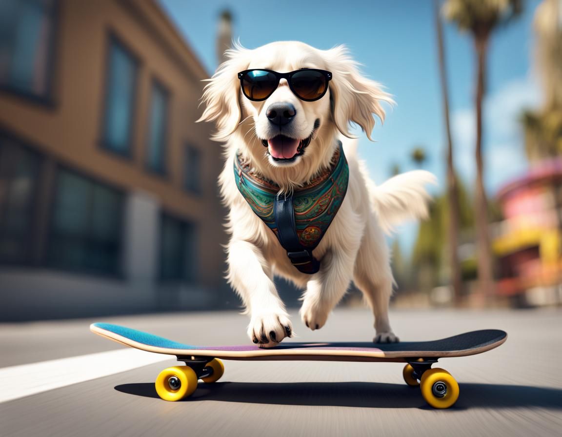 white golden retriever riding a skateboard.