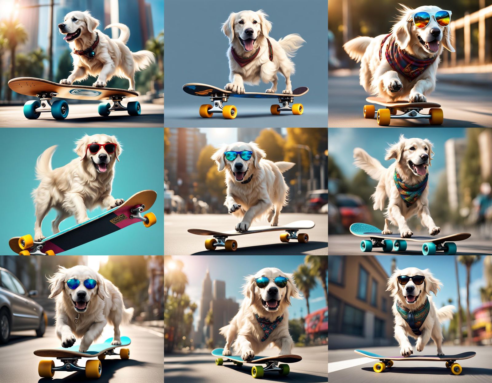 white golden retriever riding a skateboard.