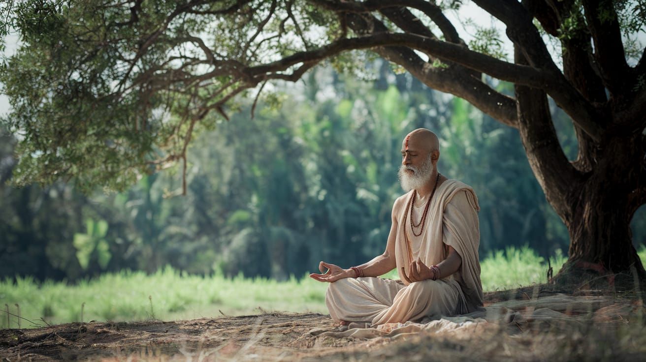 Meditating Indian Rishi in Lush Forest