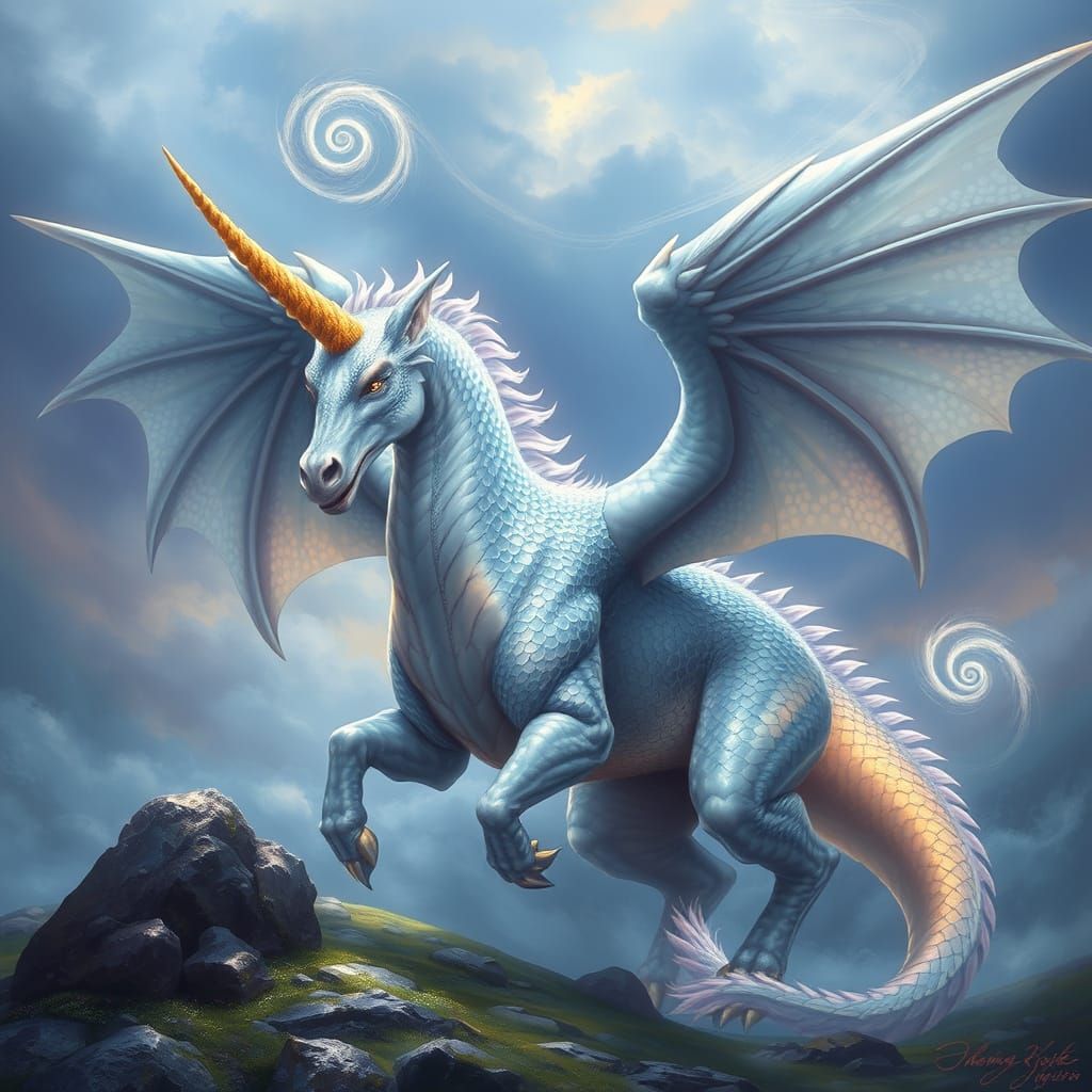Majestic Unicorn-Dragon Hybrid in Ethereal Fantasy Landscape