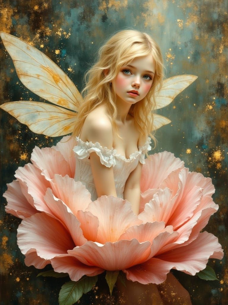 Ethereal Fairy on Rose, Pre-Raphaelite Oil Painting