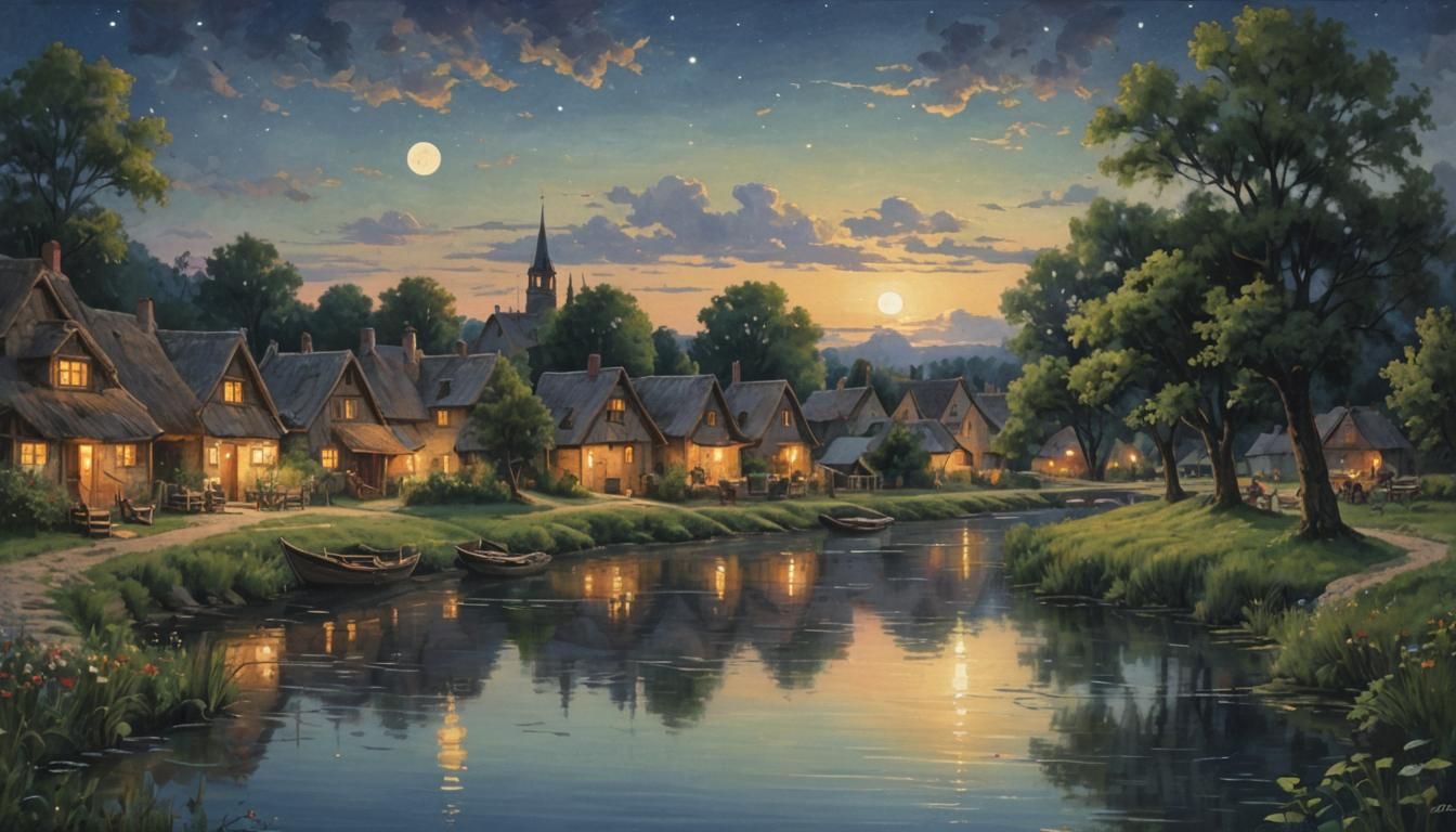 Dreamy Summer Night in Riverside Village