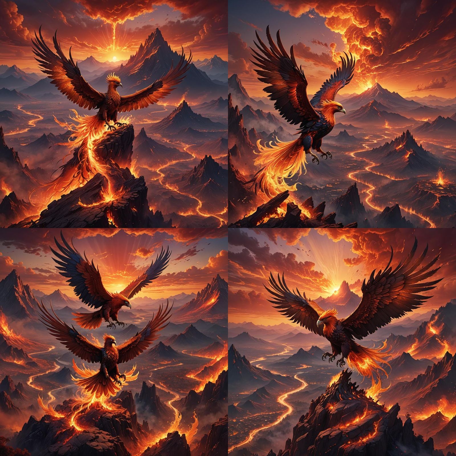 Phoenix Soars Above Burning Mountains at Sunset
